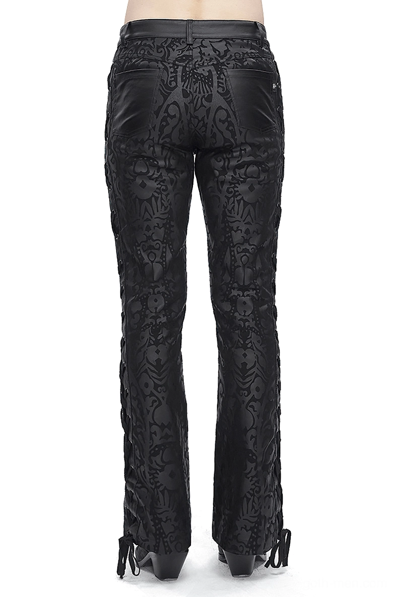 Black gothic flared trousers back view showing leather pocket details and ankle lace fasteners