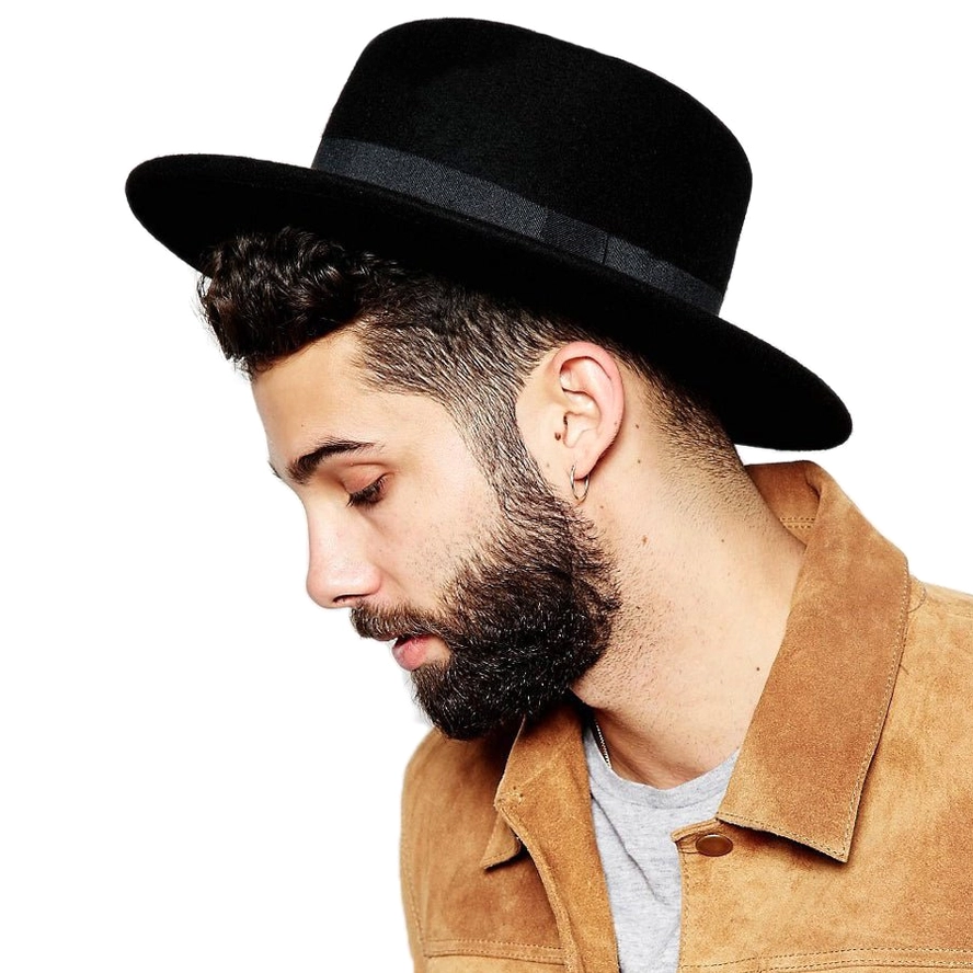 Gothic flat top fedora with black wool felt and satin ribbon, worn by bearded male model in side profile view showcasing wide brim structure