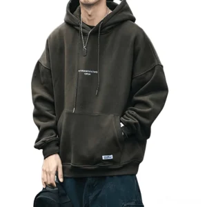Olive green alternative style fleece hoodie with letter print and drawstring hood
