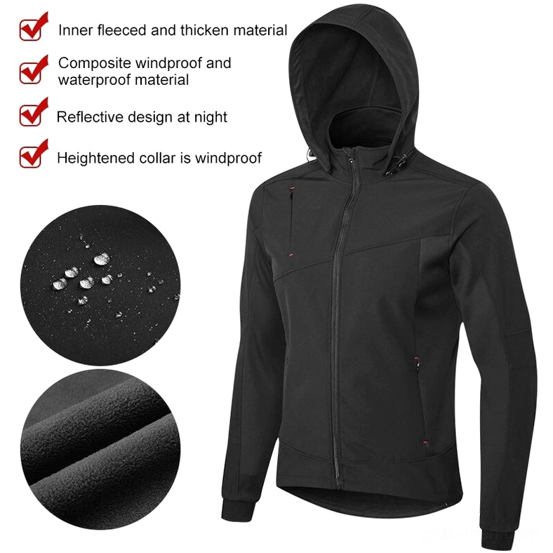 Black gothic hooded fleece jacket infographic showing water-resistant fleece lining and reflective design features