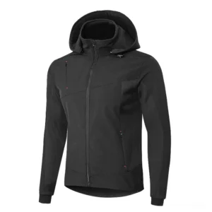 Black gothic windproof hooded jacket flat lay showcasing adjustable hood and seam construction