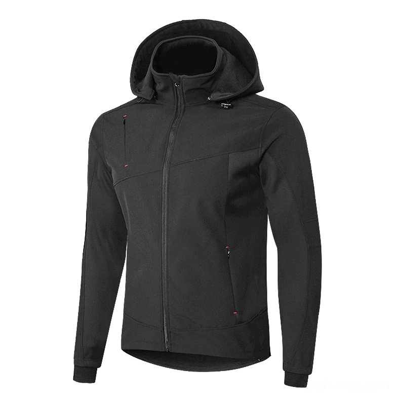 Black gothic windproof hooded jacket flat lay showcasing adjustable hood and seam construction