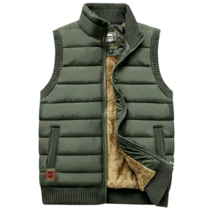 Army green men's gothic fleece vest with mandarin collar and flap pockets, flat front view
