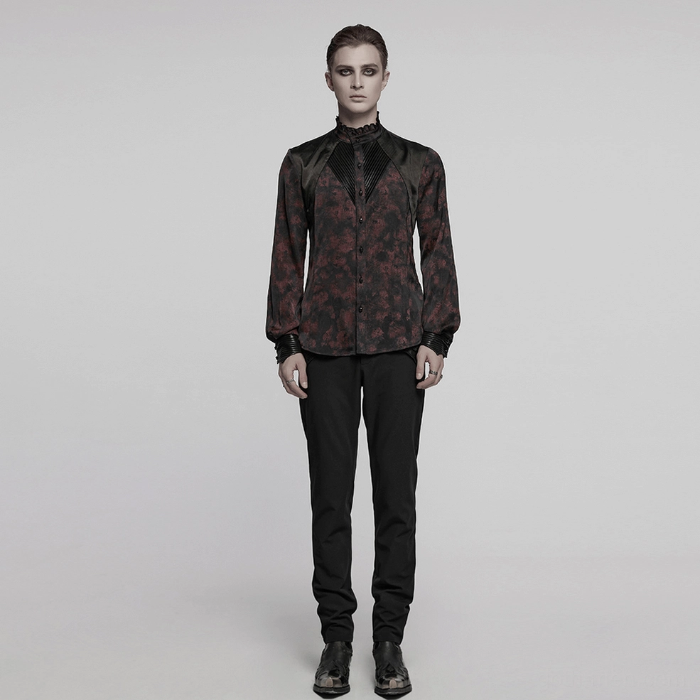 Full product view of black gothic shirt with wine-red damask floral pattern, structured double-layer shoulders, and dark romantic aesthetic