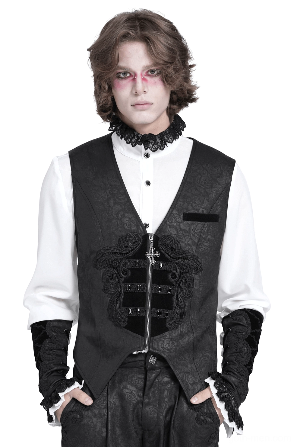 Black gothic floral waistcoat with cross zip front and velvet collar trim, front view on model