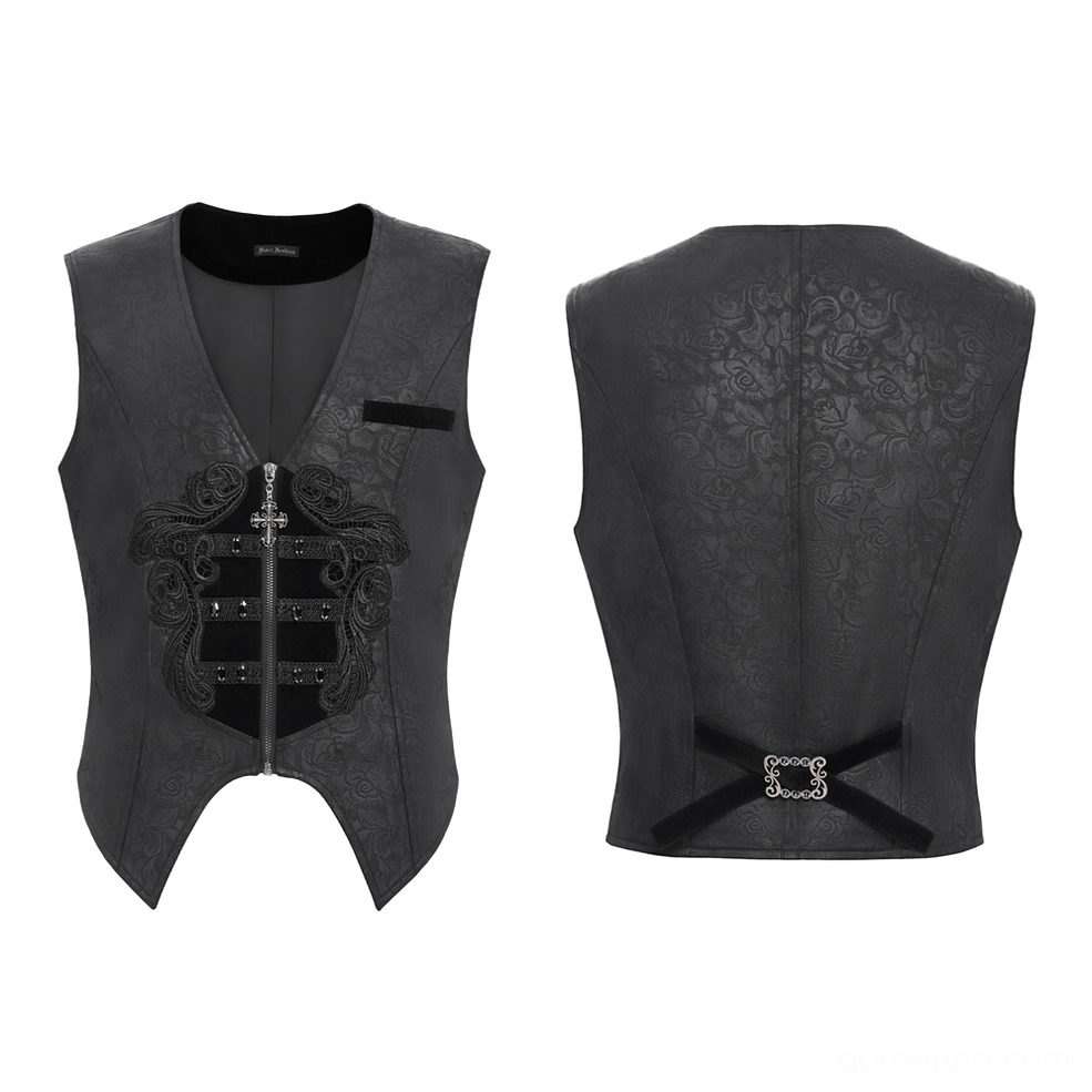Black gothic floral waistcoat flat lay front and back, showing cross closure and buckle system