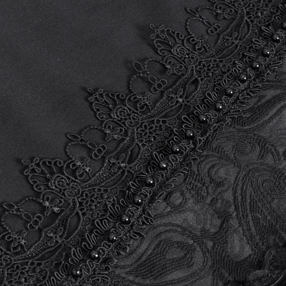 Gothic formal black lace dress shirt with decorative front panels and puffed bishop sleeve construction