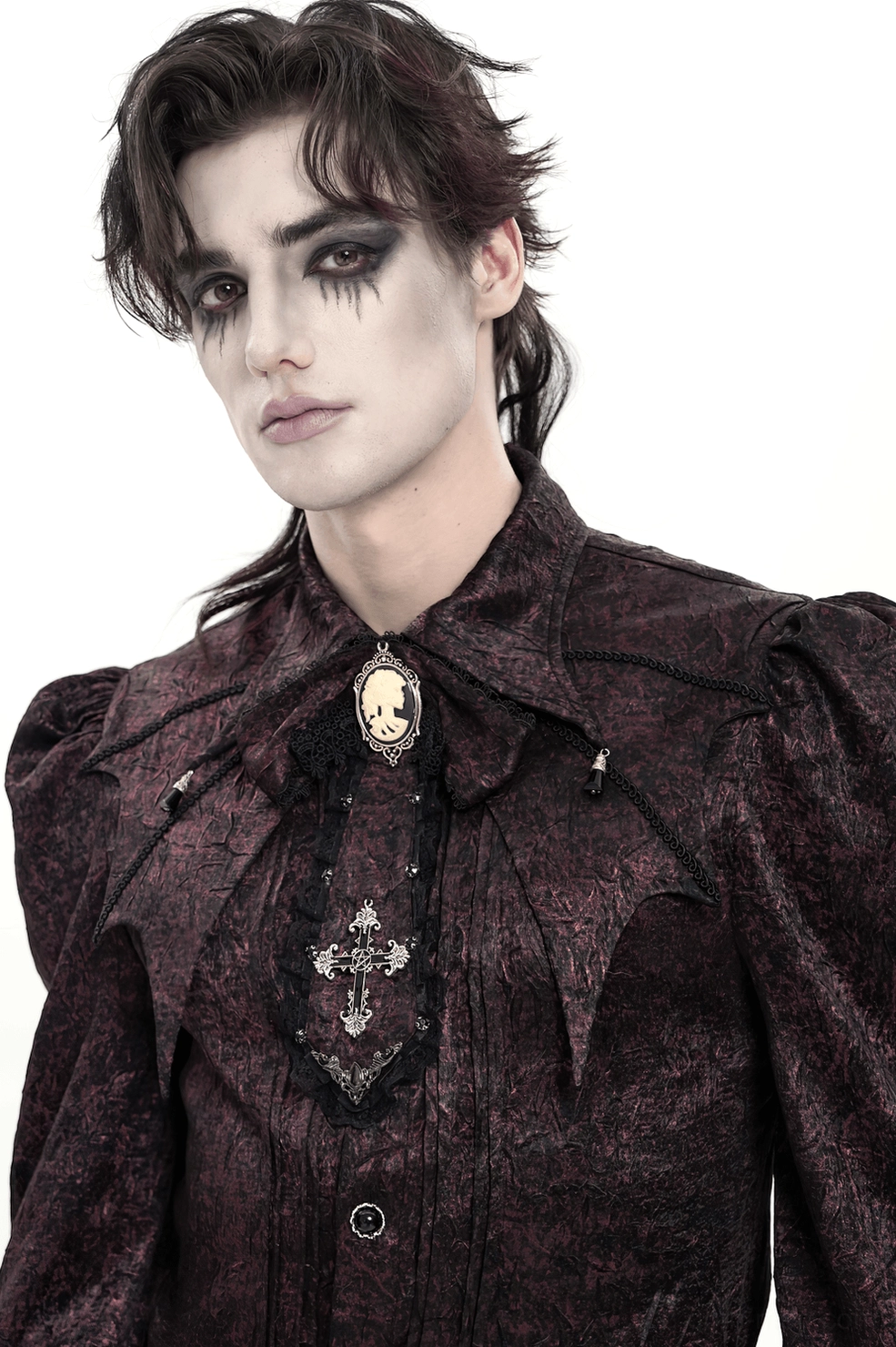 Male goth model demonstrating burgundy cameo cross cravat on structured Gothic formal shirt