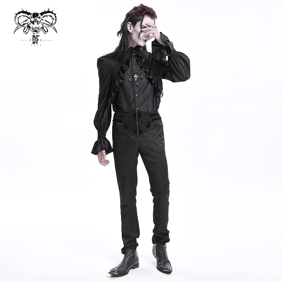 Gothic formal embossed pants three-quarter view, male model demonstrating complete silhouette, damask pattern visibility, and elegant black color