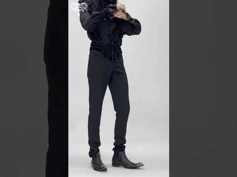 Black Gothic formal slim-fit pants side profile, male model in indoor studio setting demonstrating refined side silhouette and elegant damask texture