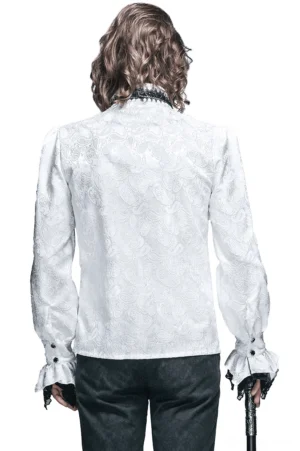 Gothic formal shirt back view displaying paisley jacquard weave pattern and black lace trim details