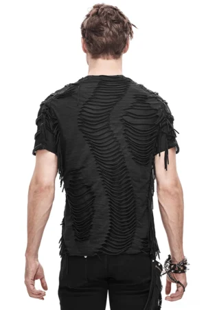 Men's black gothic fringe t-shirt back view on model - ripped wave texture with side and hem fringes showing industrial punk design