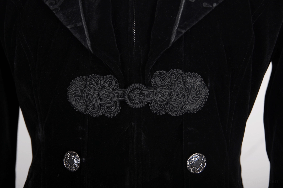 Close-up of gothic frog fasteners and embossed round metal buttons on black velvet steampunk coat