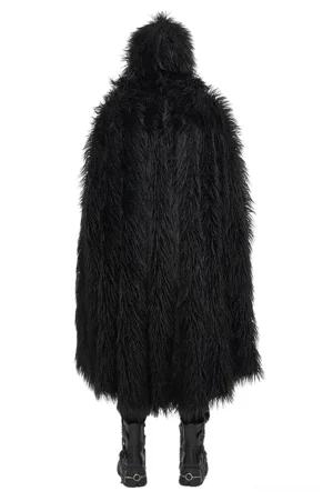 Black gothic hooded fur cloak rear view full length on male model with combat boots