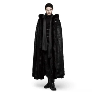 Front full-body view of black gothic hooded fur-trimmed cloak on male model, studio lighting, showing ornate metal buckles and scalloped hood