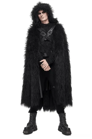 Men's black gothic hooded faux fur cloak with leather cross harness front view on male model