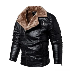 Gothic fur collar leather jacket front view with quilted sleeves and metal zipper details in black