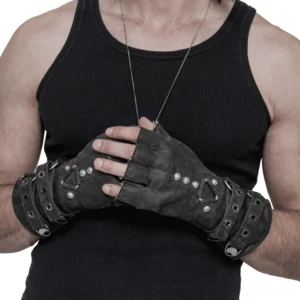 Close-up torso view of distressed leather gauntlet gloves with layered studded wrist straps and metal hardware details