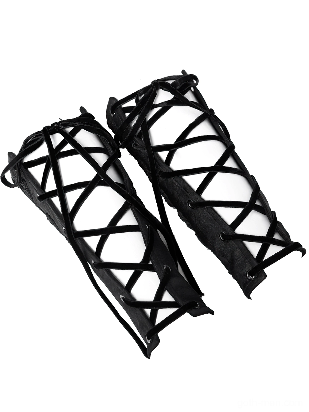 Flat lay detail of lace-up gothic arm gauntlets showing crisscross black lace straps, metal eyelets, and adjustable lacing system on white background