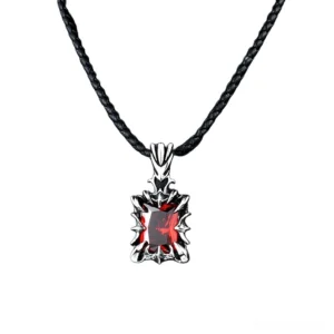 Unisex gothic gemstone pendant necklace with red rectangular stone and black wax rope - front flat view