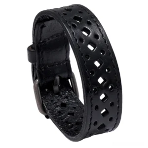 Black matte leather gothic bracelet with square cutout design, punk rock wide cuff with retro metal hardware