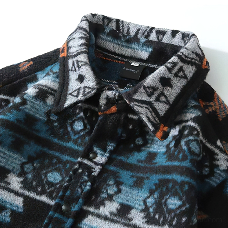 Gothic shirt collar detail close-up brushed fleece fabric geometric print turn-down collar