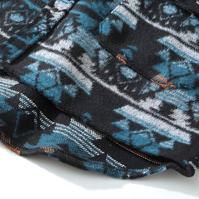 Gothic geometric tribal print shirt side profile showing pattern depth textured fleece fabric