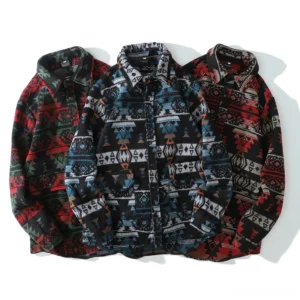 Assorted gothic geometric tribal print shirts in blue black red green flat lay display multiple color options