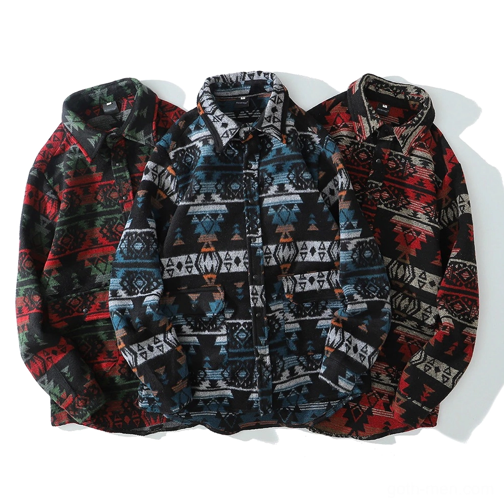 Assorted gothic geometric tribal print shirts in blue black red green flat lay display multiple color options