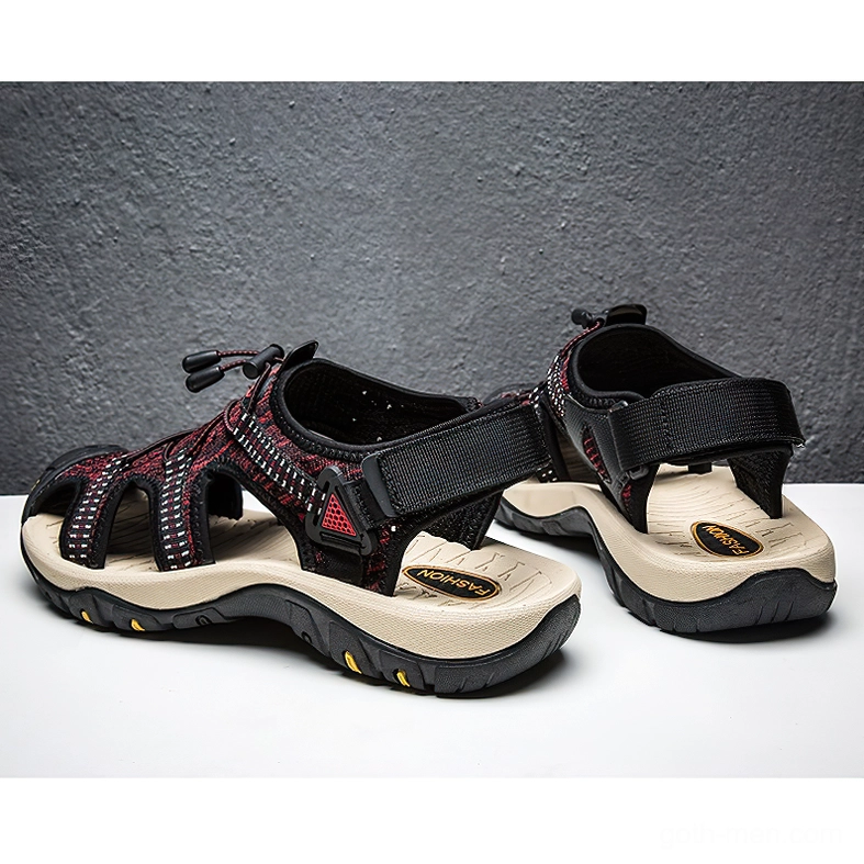 Gothic gladiator sandals wine-red color pair view velcro ankle strap and branded insole