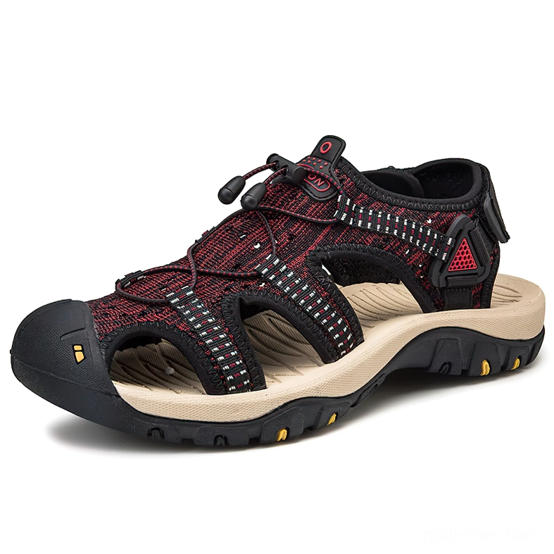 Gothic gladiator men's summer sandals wine-red mesh upper with drawstring closure three-quarter view