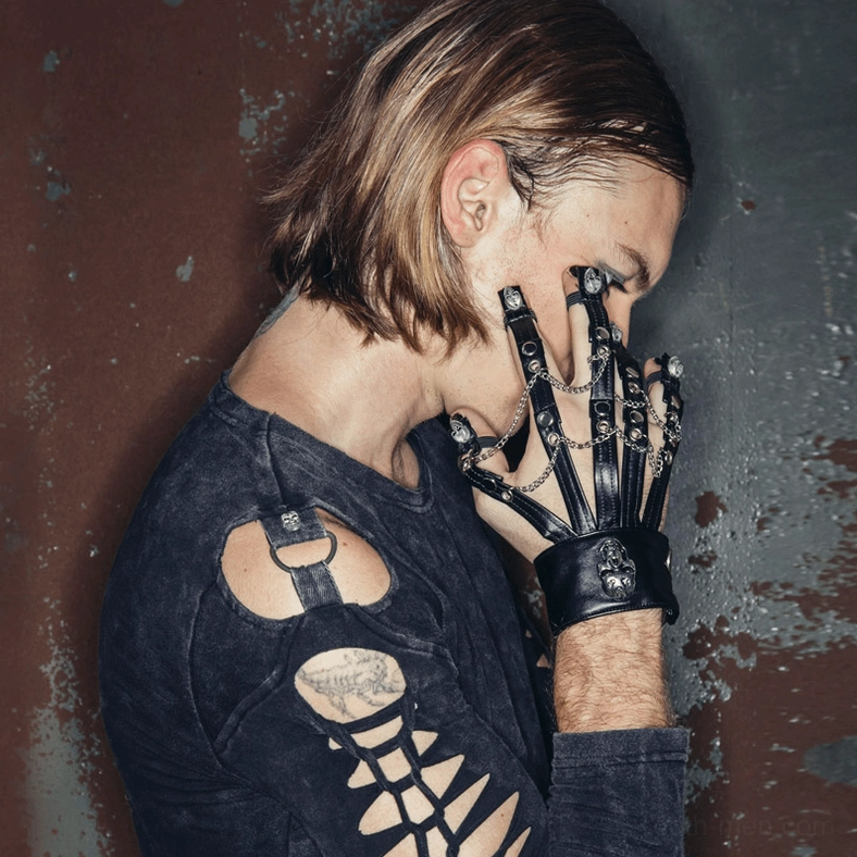 Men's gothic skull leather half-finger glove - side profile on model with chain embellishments and cutout sleeve