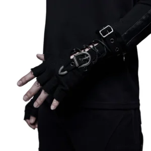 Close-up side view of black fingerless glove showing metal hardware details and rope lacing system