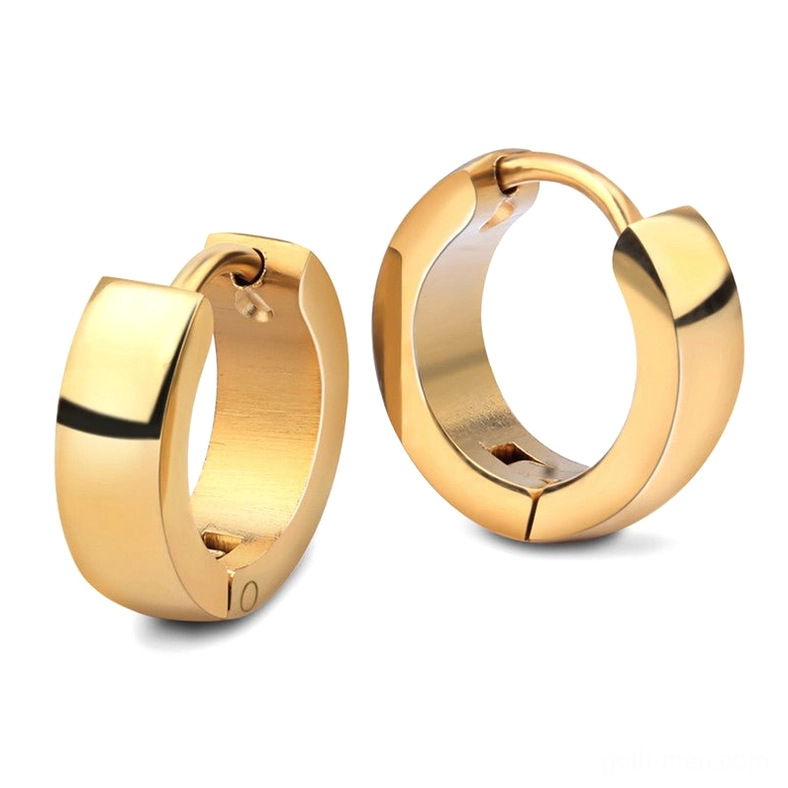 Gold-tone minimalist huggie hoop earrings featuring smooth polished stainless steel and hinged snap closure for gothic style