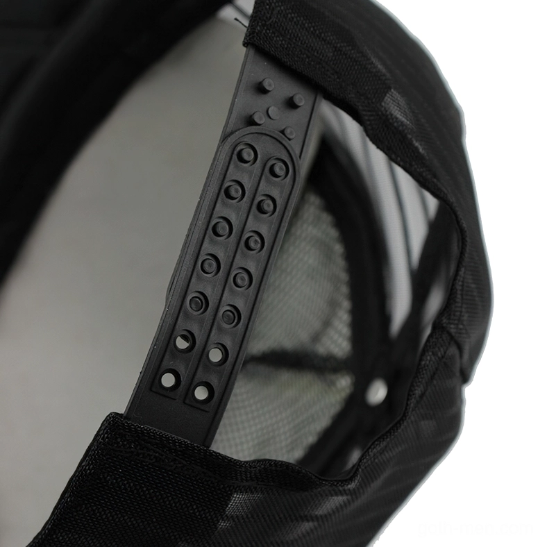 Close-up detail of plastic snap adjustment mechanism on black mesh fabric side panel