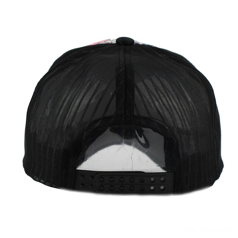 Rear view of adjustable gothic trucker cap with solid black mesh back panels and snap buckle closure