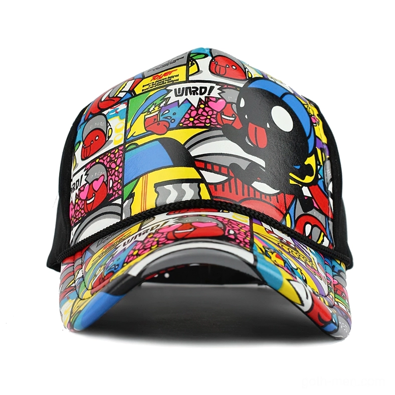 Front view of goth graffiti baseball cap showing full coverage comic print design with black brim trim