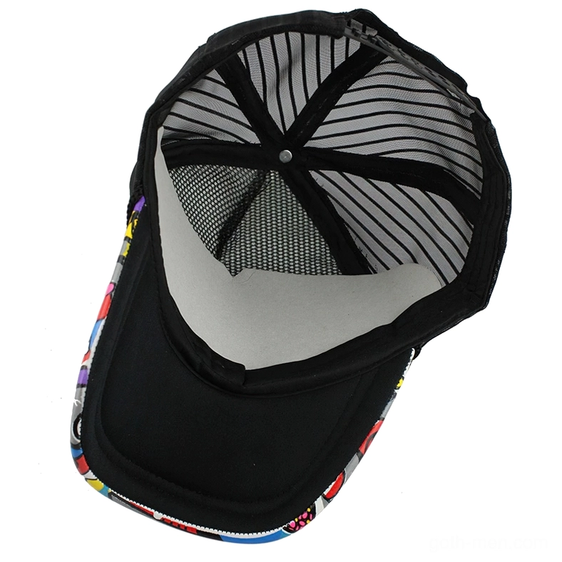 Interior construction of goth cap showing black mesh inner structure, grey lining, and printed brim detail