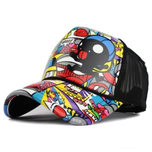 Comic themed gothic baseball cap featuring black cartoon character print with vibrant multicolor patterns, right front angle