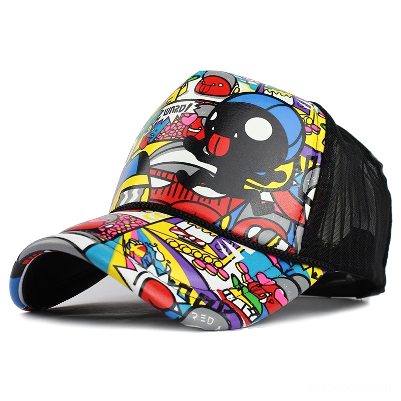 Comic themed gothic baseball cap featuring black cartoon character print with vibrant multicolor patterns, right front angle
