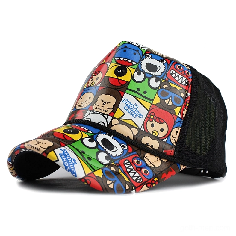 Pop art gothic trucker hat with assorted cute cartoon prints and black mesh back panels, right angle view