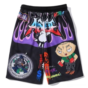 Black gothic graffiti print men's sweat shorts front view with cartoon character and flame art graphics