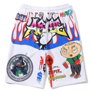 White gothic graffiti print men's sweat shorts front flat lay showing vibrant cartoon street art design