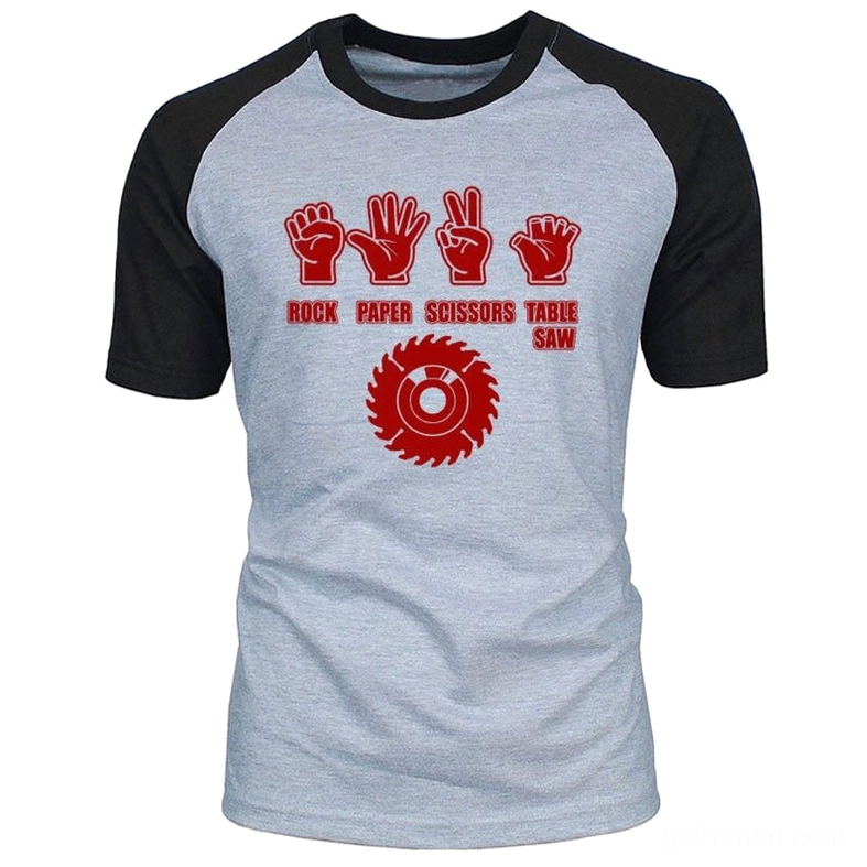 Men's gothic rock streetwear tee with bold red table saw graphic, heather gray body and black raglan sleeves