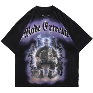 Gothic lightning throne graphic tee back flat lay showing oversized fit