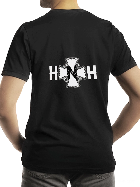 Gothic graphic crew neck tee for men rear view with cross print