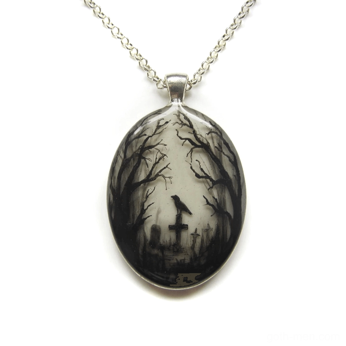 Gothic graveyard hand-painted oval pendant necklace with silver curb chain on white background, showcasing monochromatic raven and cemetery artwork