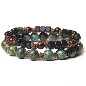 Green striped agate stone bead bracelet for men, gothic elastic wrist jewelry with brass spacer rings