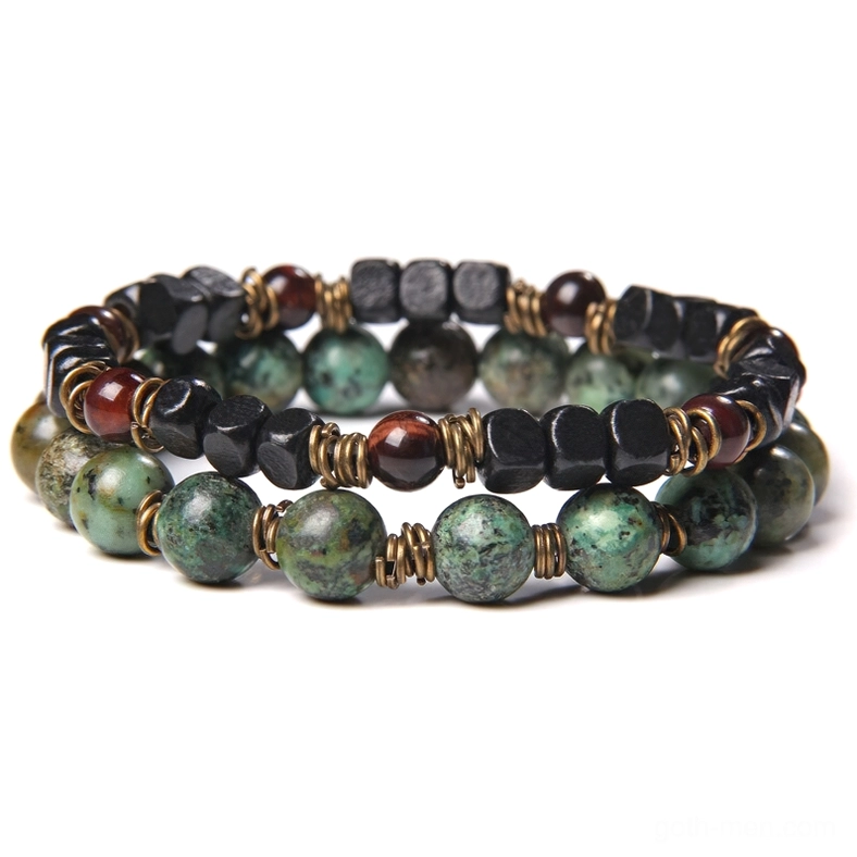 Green striped agate stone bead bracelet for men, gothic elastic wrist jewelry with brass spacer rings