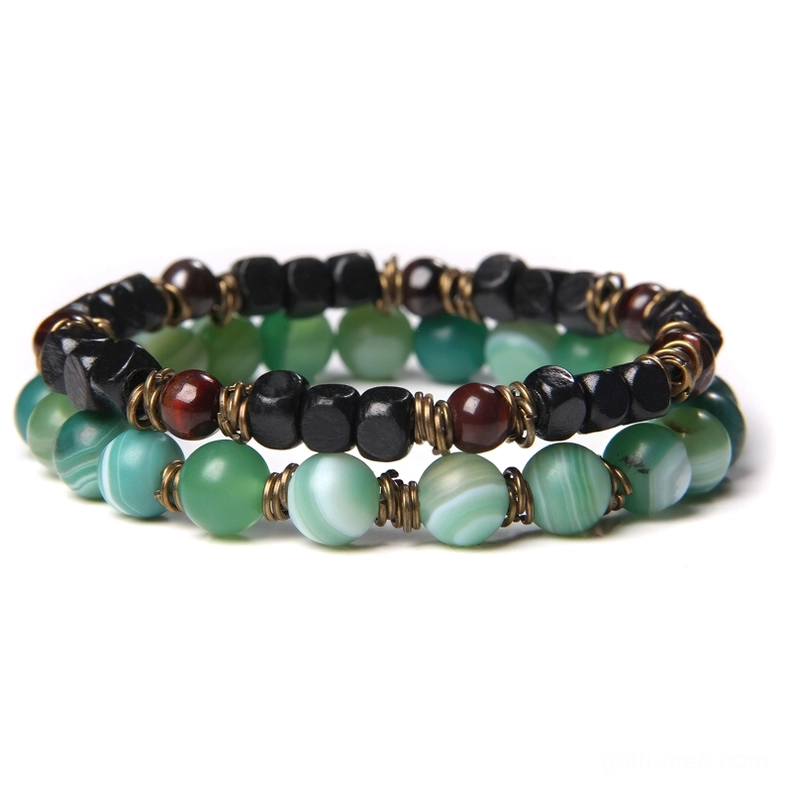 Green jade and striped agate stone bead bracelet, gothic elastic wrist jewelry style 2